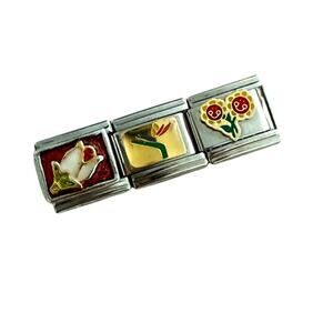 NWT 3x9mm Rose/Bird of Paradise/Sunflower Silver Stainless Steel Italian Charms